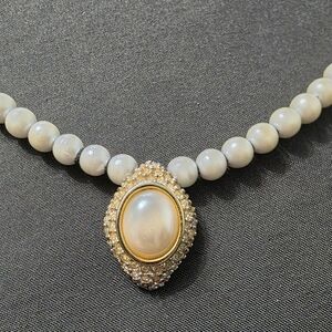 Estate - Gold Tone - Vintage Necklace With White Stones - Signed - Item 428